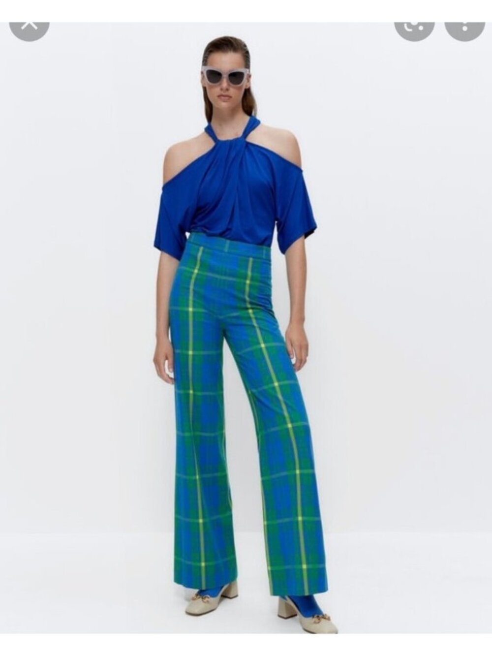 Uterque Plaid Green Yellow blue loud High Rise Trouser Pants sz S 26